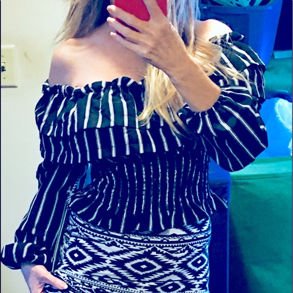 Black with white stripes off the shoulder top- S - Picture 4 of 11
